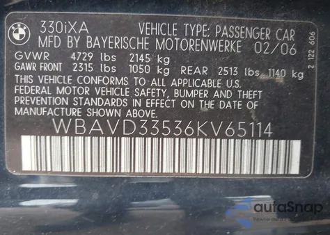 2006 BMW 330Xi z USA, uszkodzony, nr VIN WBAVD33536KV65114